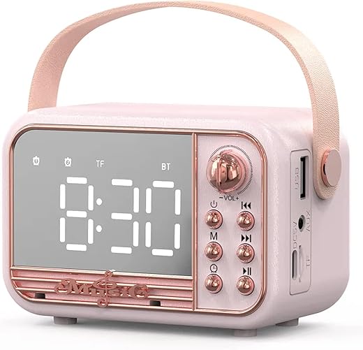 Retro Bluetooth Speaker, Vintage Portable Wireless Bluetooth Speakers with Alarm Clock Loud Volume Bluetooth 5.0 Support TF Card U Disk AUX Old Style for Kitchen Bedroom Home Outdoor (Pink)