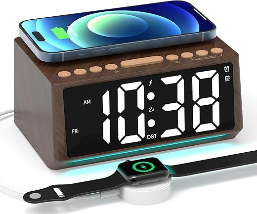 Retro Digital Alarm Clocks for Bedrooms with Large Numbers, Desk Clock with Wireless Charging Station, 7 Mood Lights, Dimmer, Snooze, 12/24H, Loud Alarm Clock for Heavy Sleepers Adults, Vintage Décor