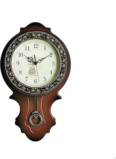 Retro European Style Simulated Wood Pendulum Wall Clock,Quartz Motion Design, Plastic Main Structure, Brushed Metallic Gold Paint Surface Texture on The Perimeter