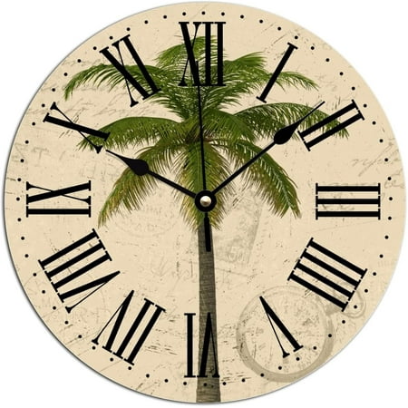 Retro Farmhouse Wall Clocks Vintage French Style Palm Tree Hanging Wall Clock Summer Beach Decor Tropical Palm Pvc Wall Clock Quality Quartz Battery Silent Clocks For Home 10X10In