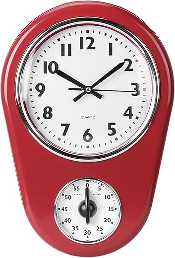 Retro Kitchen Timer Wall Clock, Vintage Wall Big Watch Hanging Clock Home Kitchen Timer Bell Shape Red for Indoor Living Room Decoration