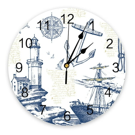 Retro Lighthouse Ship Lines Blue Bedroom Wall Clock Large Modern Kitchen Dinning Round Wall Clocks Living Room Watch Home r