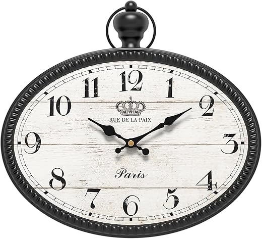 Retro Oval Wall Clock. Black Vintage Antique Style. Battery Operated Decor Wall Clocks for Farmhouse,Kitchen,Bedroom,Bathroom,(10.5" H x 11.3" W)