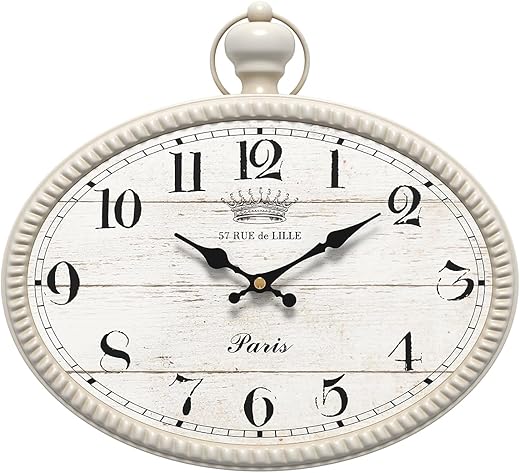 Retro Oval Wall Clock. White Vintage Antique Style. Battery Operated Decor Wall Clocks for Farmhouse,Kitchen,Bedroom,Bathroom (10.5" H x 11.3" W)