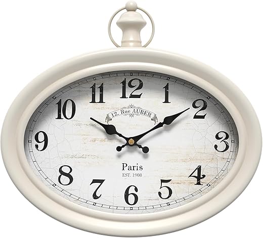 Retro Oval Wall Clock. White Vintage Antique Style. Battery Operated Silent Wall Clocks for Farmhouse,Kitchen,Bedroom,Bathroom (10.5 H x 11.3 W)