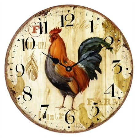 Retro Wooden Wall Clock Owl Rooster Vintage Rustic Non-Ticking Silent Quiet Home Office Kitchen Decor