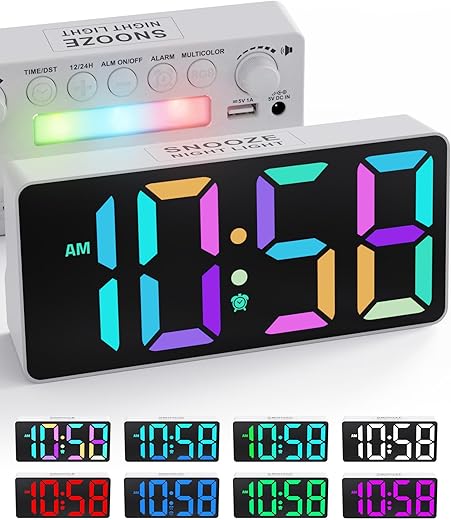 RGB Digital Alarm Clock For Bedroom-Dynamic Large Number Digital Clock With 8-Mode Led Colorful Display,7Night Lights,Type-C&USB Chargers,12/24H/DST,Dimmer,Loud Small Desk Clock For Teens Kids Adults