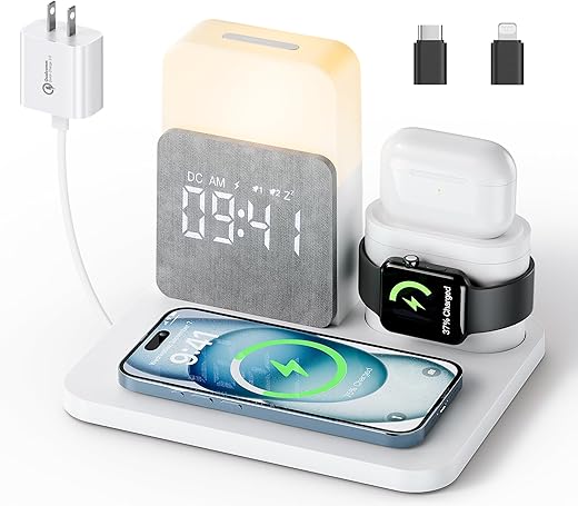 RichBird【2024 Newest】 Wireless Charging Station, Alarm Clock with Wireless Charger, Nightstand Lamp Charging Station for iPhone 15 14 13 12 11 Pro Max, Apple Watch, AirPods,0-100% Dimmer