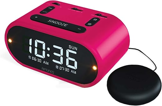 RIPTUNES Digital Loud Alarm Clock with Bed Shaker for Heavy Sleepers for Bedroom, Dual Alarm w/weekday & weekend settings, Full Range Dimmer 0-100%, USB Charging Port, Snooze Button, Easy SET UP, PINK