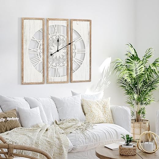 RiteSune Rustic 30 Wall Clocks for Living Room Decor, Oversized Farmhouse Wall Clock Battery Operated, Triptych Panel Wooden Large Clock Wall Art for Bedroom Entryway