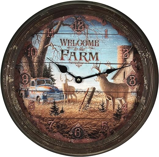 Rivers Edge Products 15 Inch Large Wall Clock, Distressed Analog Clock with Tin Frame, Rustic Wall Clock for Bedroom, Living Room, Bathroom, Kitchen, Office, or Cabin Decor, Deer Scene