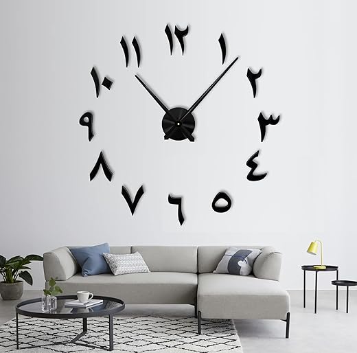 R&M ORIENT 3D Arabic Wall Clock Large Modern Mute DIY Frameless - Decoration Gift - Living Room Home Office (Black)