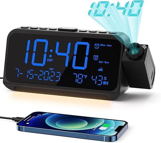 ROCAM Projection Alarm Clock for Bedroom, Digital Clock with Projector on Ceiling Wall, Projection Clock with 5-Level Dimmer, Dual Alarm with Weekend/Weekday Mode, Snooze, Temp, Night Light, USB Ports