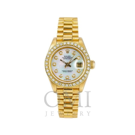 Rolex Lady-Datejust Diamond Watch, 69178 26mm, Silver Mother of Pearl Diamond Dial With Yellow Gold President Bracelet, Rolex, Adult, Male