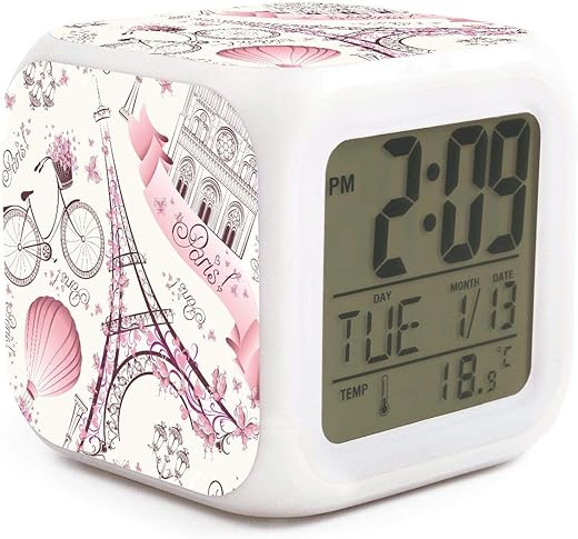 Romantic Paris Eiffel Tower Alarm Clock for Kids 7 LED Color Changing Wake Up Clock Home Decor Alarm Clock for Boy Girl Bedroom Digital Alarm Clock with Temperature Display