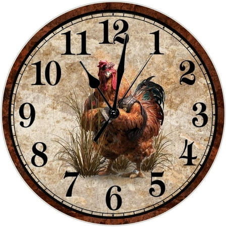 Rooster Clock Chicken Clock Kitchen Decor Fighting Rooster 15 Inch Round Wall Clocks Battery Operated Silent French Retro Wall Decor For Living Room Bedroom Office