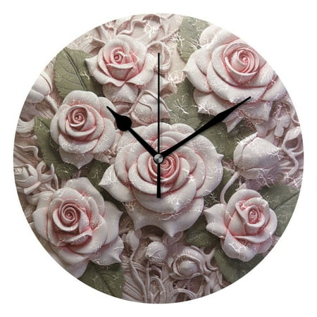 Roses and Leaves Relief Wall Clock Battery Operated Round Clock Black Pointer No Numbers Home Decor for Living Room Bedroom 9.84 Diameter