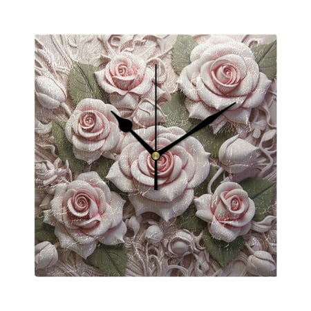 Roses and Leaves Relief Wall Clock Battery Operated Square Black Pointer Home Decor for Living Room Bedroom 7.78 x 7.78