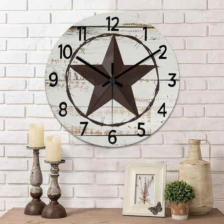 Round Farmhouse Wall Clock Western Texas Star Vintage Style Wood Clock Quiet Non-Ticking Battery Operated With Large Numbers Classic Wall Art Time Clock For Living Room Patio Farmhouse 12 Inch