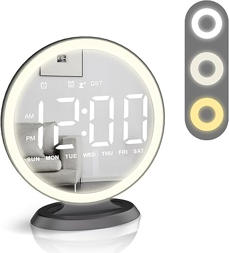 Round Mirror Lighted Digital Alarm Clock, Mirror Surface for Makeup, Large Display, Easy Setting, Auto DST, Auto Dimming, USB Port, Modern Decor for Home, Bedroom, Office, Gift for Women, Girl, Black