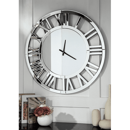 Round Mirror Wall Clock - 32 Modern Large Clocks Mirrored Wall Decor for Living Room Office Bedroom Fireplace Decor