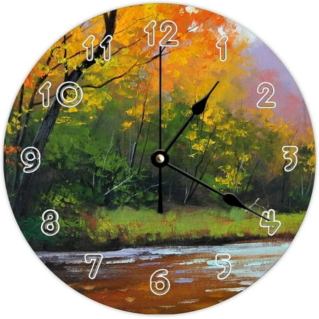 Round Nature Scenery Wall Clock - Beautiful Nature Art River Painting Natural Theme Wall Clocks For Kitchen, Office, Bedroom Decorative Hanging Clock, 12 Inches