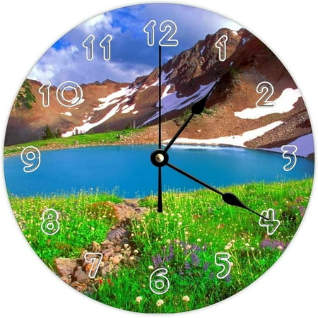 Round Nature Scenery Wall Clock - Mountain Landscape Lake Meadow Nice Nature Natural Theme Wall Clocks For Kitchen, Office, Bedroom Decorative Hanging Clock, 12 Inches