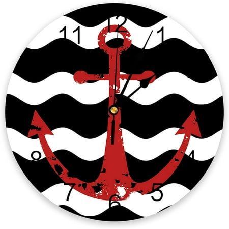 Round Pvc Wall Clock, Nautical Anchor Black Wave Stripes Pattern Silent Non-Ticking Quartz Battery Operated Wall Clocks For Kitchen Living Room Bedroom, 9.8 Inch