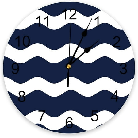 Round Pvc Wall Clock, Summer Nautical Wave Stripe Pattern Navy Blue Silent Non-Ticking Quartz Battery Operated Wall Clocks For Kitchen Living Room Bedroom, 9.8 Inch