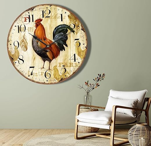 Round Wall Clock 24 Inch Farmhouse Wall Clock Battery Operated Antique Style Kitchen Clock, Rooster Vintage Wood Wall Clock for Living Room Kitchen Decor