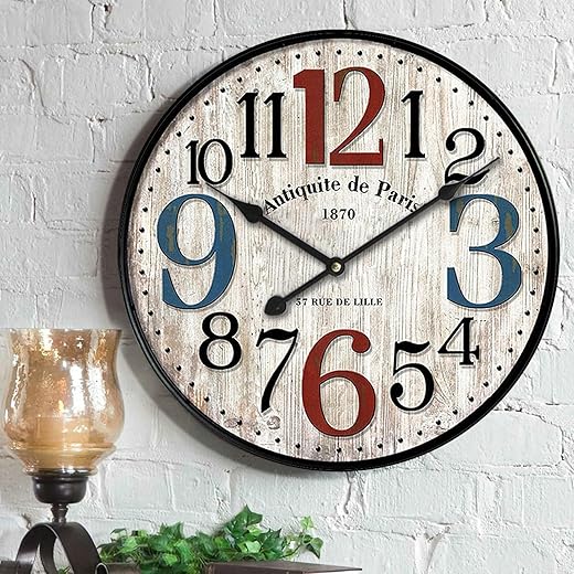 Round Wall Clock 24 Inch Modern Wall Clock Colorful Retro Arabic Numerals Style, Wood Wall Clock Battery Operated Large Wall Clock for Living Room, Coffee Decor (Easy to Read)