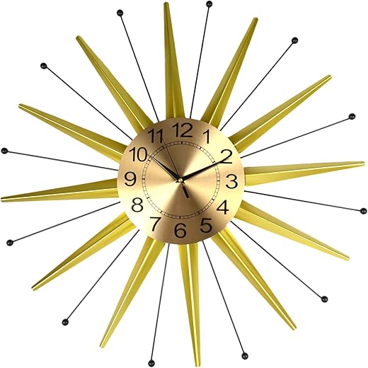 Round Wall Clock Openwork Metal Oversized Sunburst Starburst Gold and Black Rods