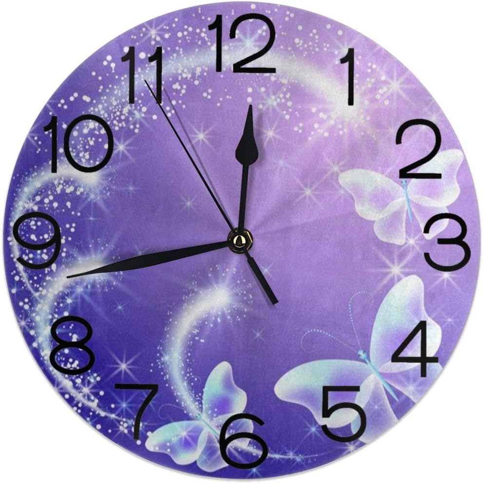 Round Wall Clock Purple Butterfly with Glowing Firework and Sparkle Star Silent Non Ticking Decorative Clocks Quartz Quiet Desk Clock for Home Kitchen