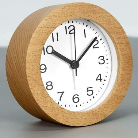 Round Wooden Alarm Clock with Arabic Numerals, Non-Ticking Silent, Backlight, Battery Operated, Nature