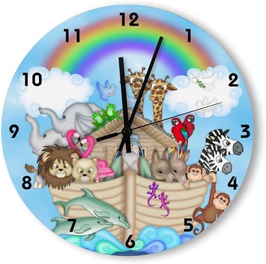 Round Wood Wall Clock Home Decor,Noahs Ark Wall Clock Pattern, Battery Operated, no Ticking Sound, for Home, The Kitchen, Living Room, Bedroom, Restaurant or Office, Made in US