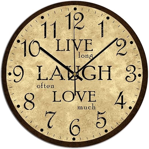 Round Wood Wall Clock Live Long Laugh Often Love Much Battery Operated Silent Non-Ticking Clock 10x10 Inch for Home Kitchen Bathroom Bedroom Living Room Decor