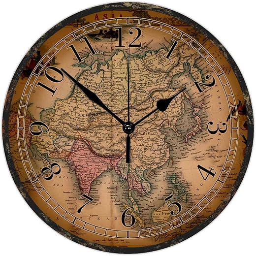 Round Wood Wall Clock Vintage Style Old World Map Accurate Sweep Movement Wall Clock Stylish Style Wood Clock Perfect for Farmhouse Living Room Bathroom Decorative Wall Decorations 10 Inch