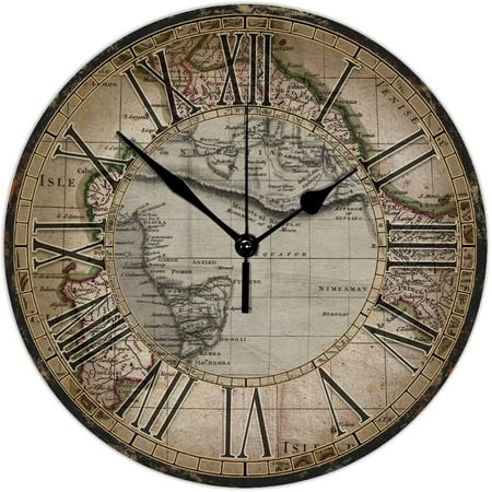 Round Wood Wall Clock Vintage Style Old World Map Digital Accurate Wall Clock Countryside Style Wood Clock For Study Office Dining Room Rural Wall Decor 12 Inch