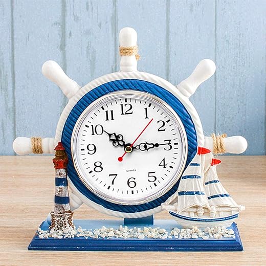 RTGGSEL Mediterranean Style Nautical Silent Desk Clock Lighthouse Helm Wooden Clocks Sailboat Steering Wheel Shelf Clocks Home Decor Clock Ornament (7.87"x2.76"x7.87"-Sailboat)