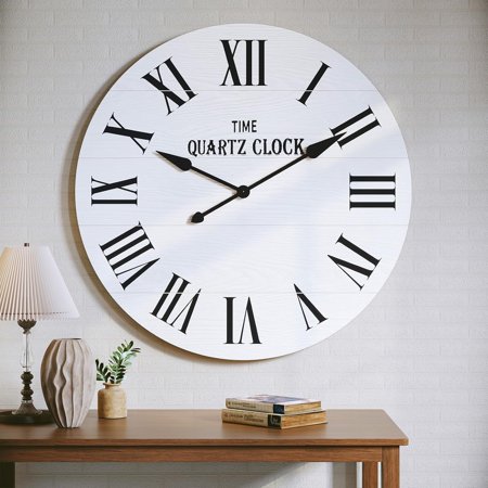 RUIHE Wall Clock 35.5” Large Shiplap Wall Clock with Roman Numeral Rustic Nearly Non-Ticking, Round Wall Clocks for Living Room Decor, Office, Bedroom, Entrance, White