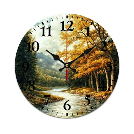 RUIYC Trees Mountain River Fashionable PVC Wall Clock with Silent Sweep Movement | Eco-Friendly PVC Clock for Living Room Decor 34cm/13.39in