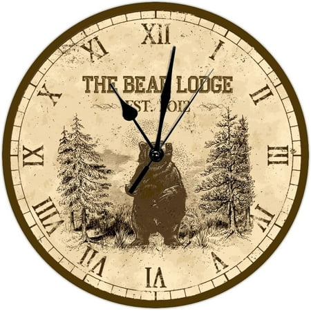 Rustic Black Bear Wall Clock Adventure Cabin Decor Custom Wall Clock Round Decorative Clocks Battery Operated 12 Inch Silent Shabby Chic Wall Decor Home Decor For Home Kitchen Office School Bathroom