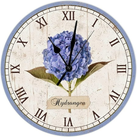 Rustic Hydrangea Flower Leaf Wall Clock Flower Market Large Wooden Wall Clocks Battery Operated 10 Inch Non-Ticking Rustic Wall Decor Home Decor For Home Kitchen Office School Bathroom