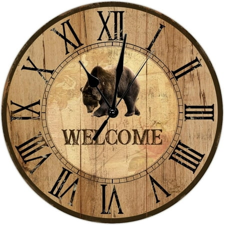 Rustic Lodge Bear Clock Cabin Decor Customized Welcome Wall Clock Large Wall Clocks Battery Operated 10 Inch Non-Ticking Antique Vintage Wall Decor Home Decor For Home Kitchen Office School Bathroom