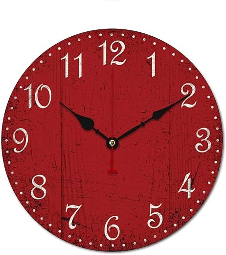 Rustic Red Wall Clock Silent Non-Ticking Home Decorative Clock 13.4 Inch Large Vintage Clock for Kitchen Living Room School Wall Hanging