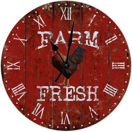 Rustic Rooster Chicken Style Wall Clock Kitchen Wall Clock Old Red Wood Grain Wooden Wall Clocks Battery Operated 9 Inch Non-Ticking Country Farm Wall Decor Home Decor For Bedroom Living Room Office