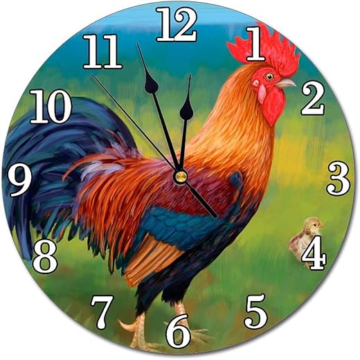 Rustic Rooster Chicken Wall Clock Battery Operated Silent Round Clock Wall Decor for Home, Office, School 9.8 Inch