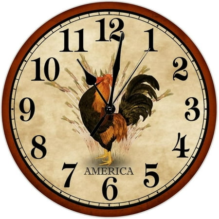 Rustic Rooster Chicken Wall Clock Kitchen Decor Good Morning America 10 Inch Wooden Wall Clocks Battery Operated Non-Ticking French Retro Home Decor For Living Room Bedroom Office