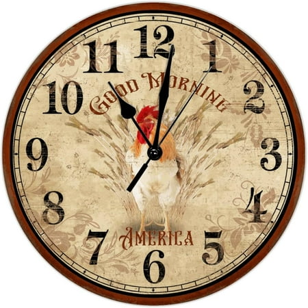 Rustic Rooster Hen Good Morning Hanging Wall Clock Quartz Battery Operated Wooden Clocks Vintage Chicken Wall Clocks Vintage French For Bathroom Bedroom Round Clock 15Inch Birthday Housewarming Gift