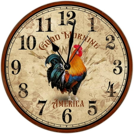 Rustic Rooster Hen Good Morning Round Clock 12Inch Round Clocks Rustic Chicken Hen Wooden Wall Clocks Non Ticking Operated Wall Clock Vintage French For Dinning Living Room Birthday Housewarming Gift